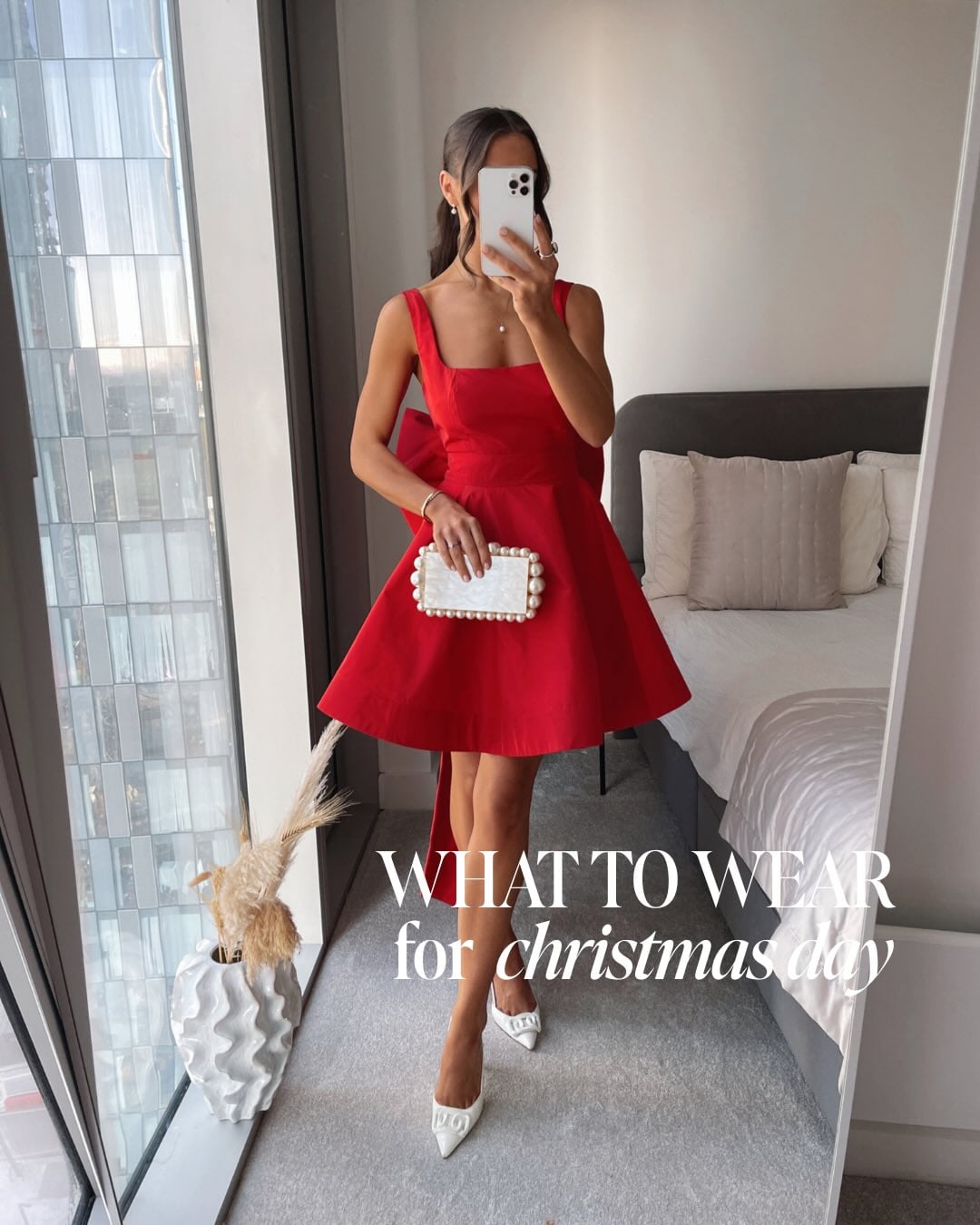 Red fit-and-flare mini dress with white pointed-toe heels and pearl-trimmed clutch for Christmas dinner.