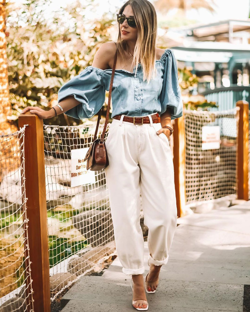 How to Wear Pleated Jeans with off-shoulder denim top