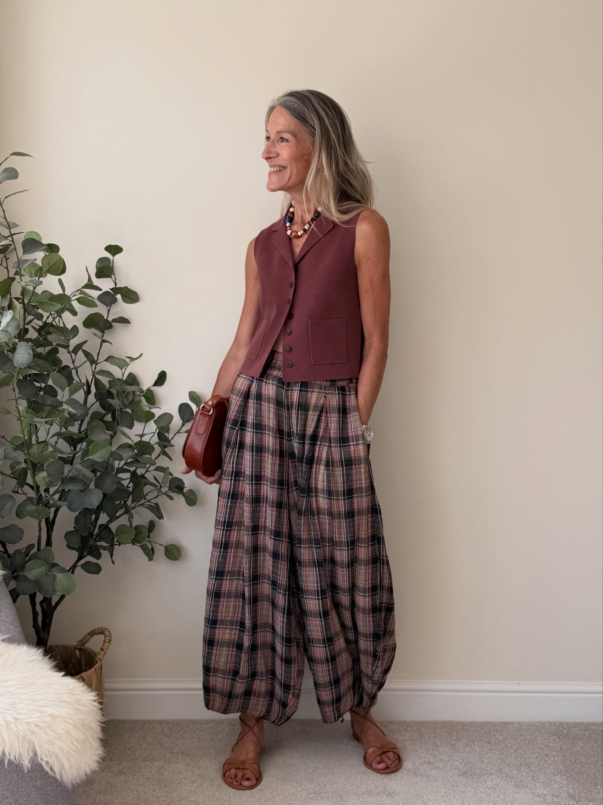 cropped vest with plaid statement trousers for women over 40