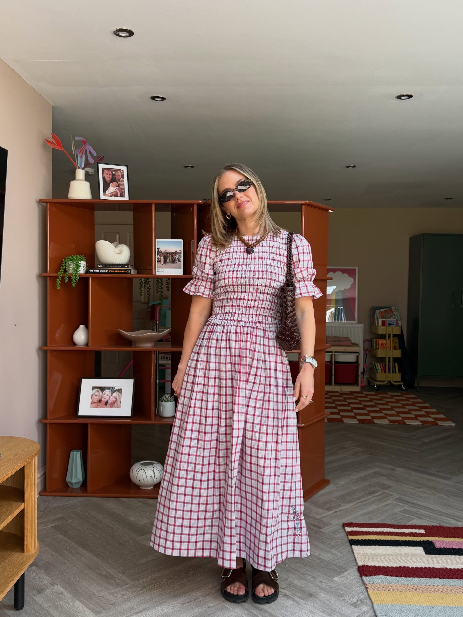 checked puff-sleeve midi dress outfit for women over 40