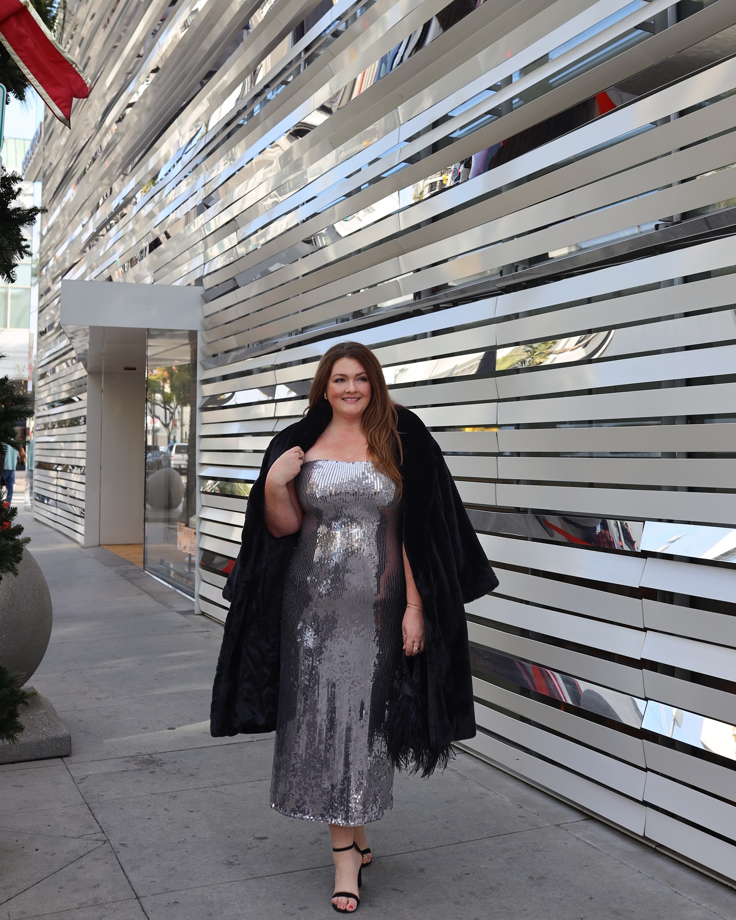 Plus size silver sequin Christmas dress with black faux-fur coat