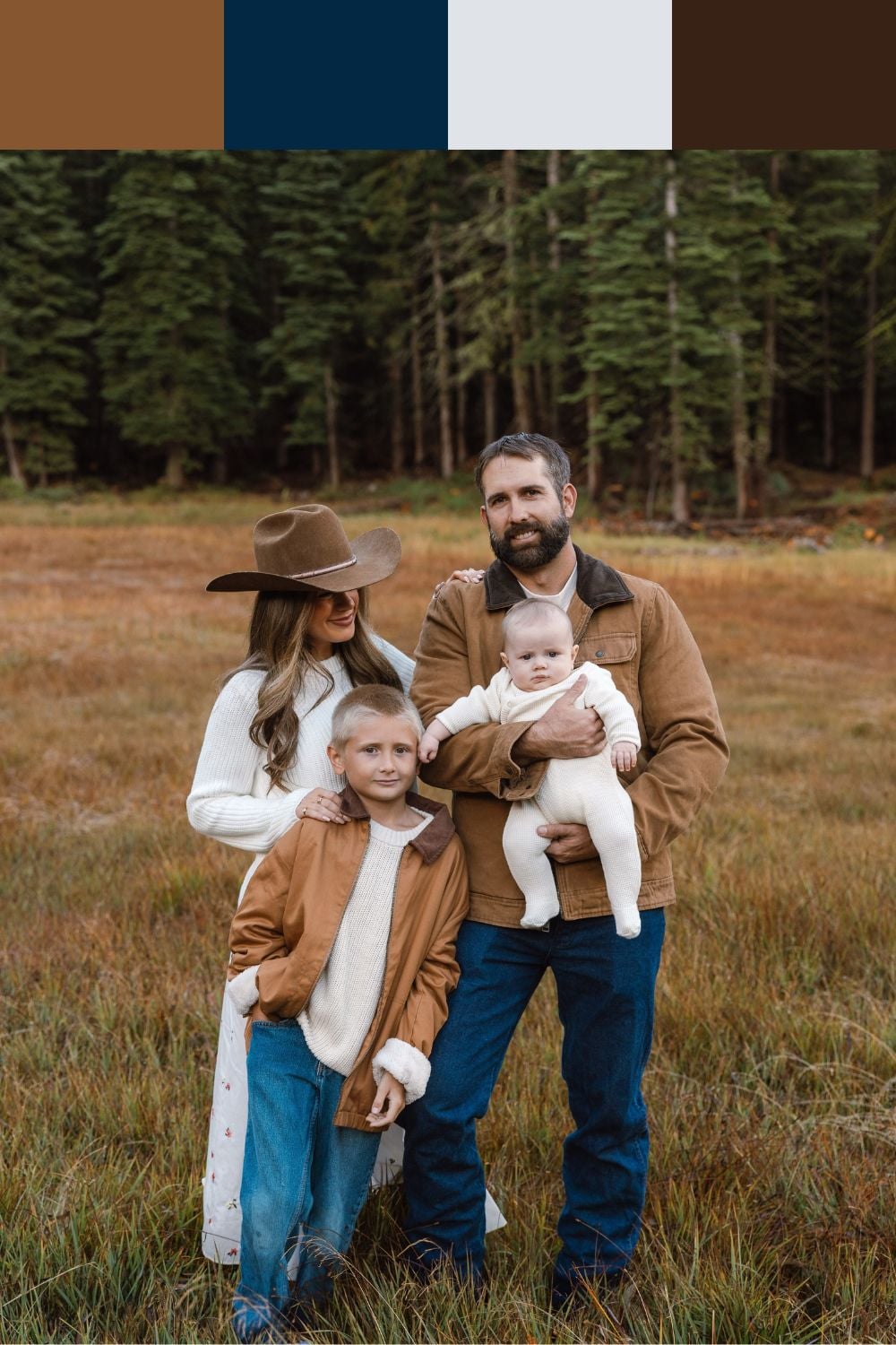 Family of four wearing camel jackets, cream knits and navy jeans for outdoor fall family pictures