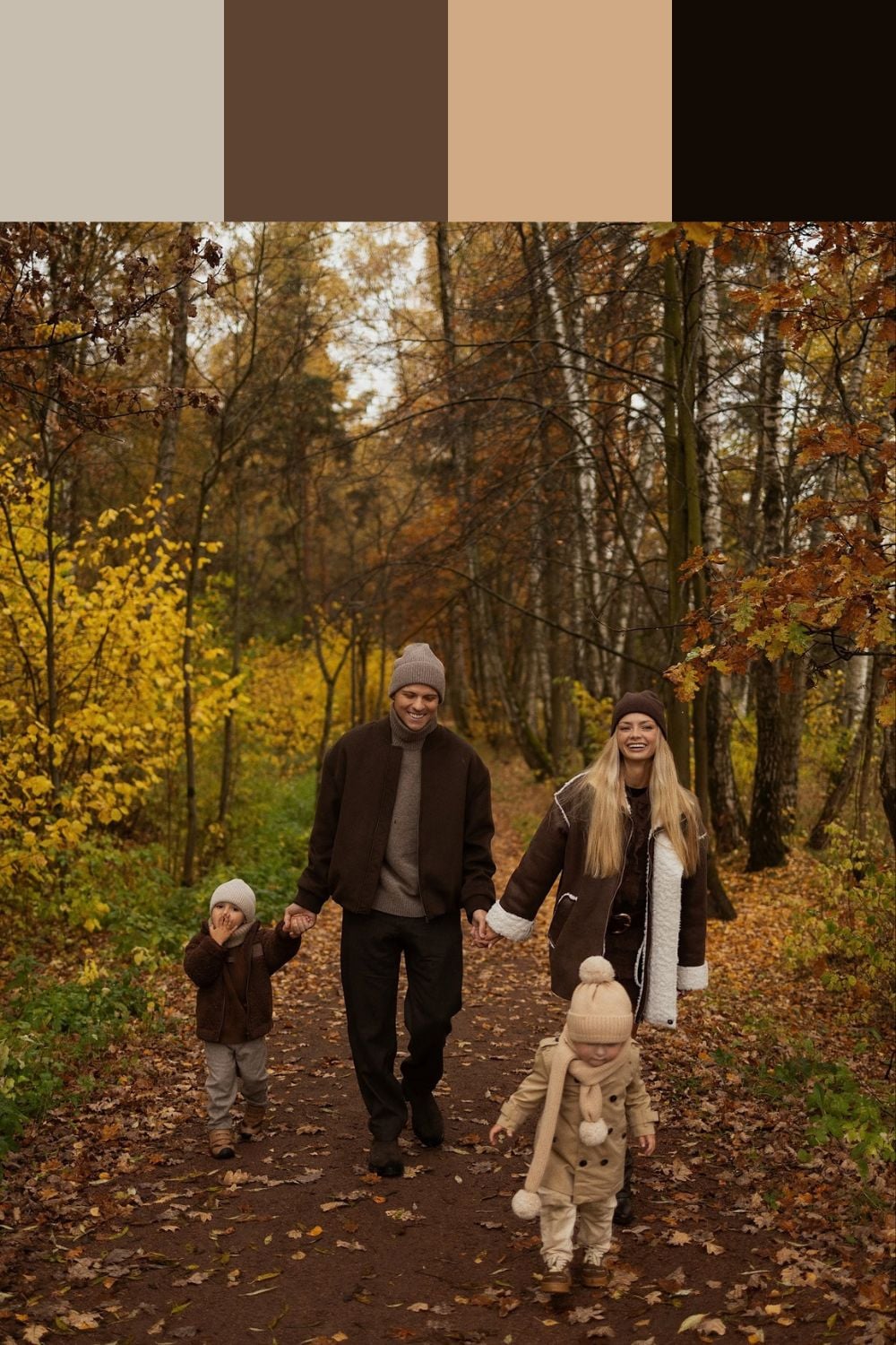 Family of four in chocolate brown, camel, taupe and black coats, knit hats and scarves for cold-weather fall photos