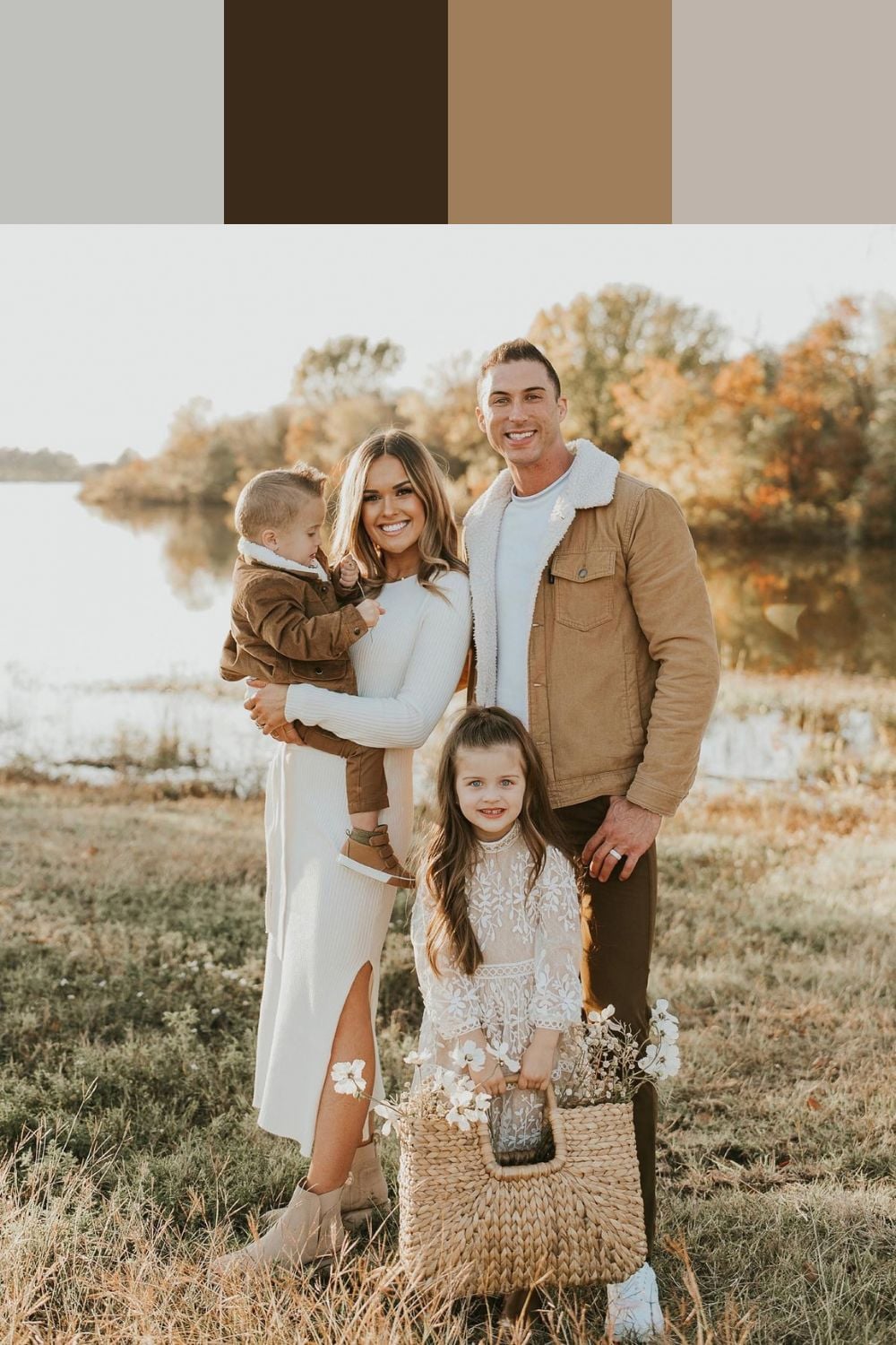 Family of four wearing cream dresses, camel jackets, taupe boots and espresso brown trousers for fall photos