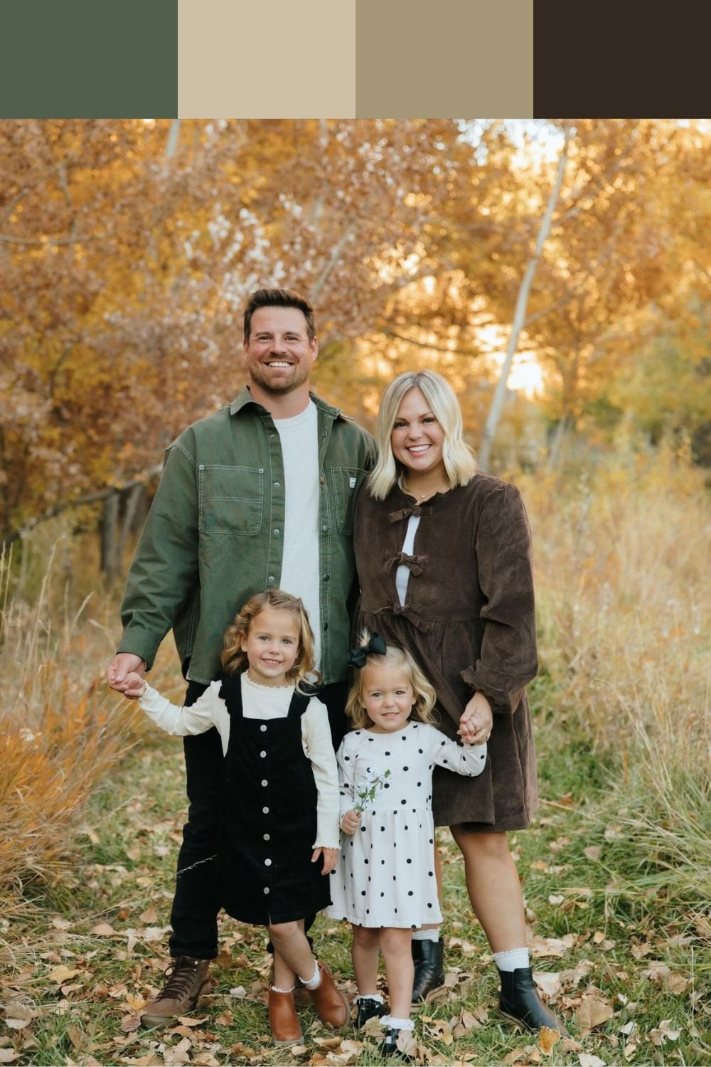 Family of four in olive, cream and espresso fall outfits, including a corduroy dress, overshirt and subtle polka dots
