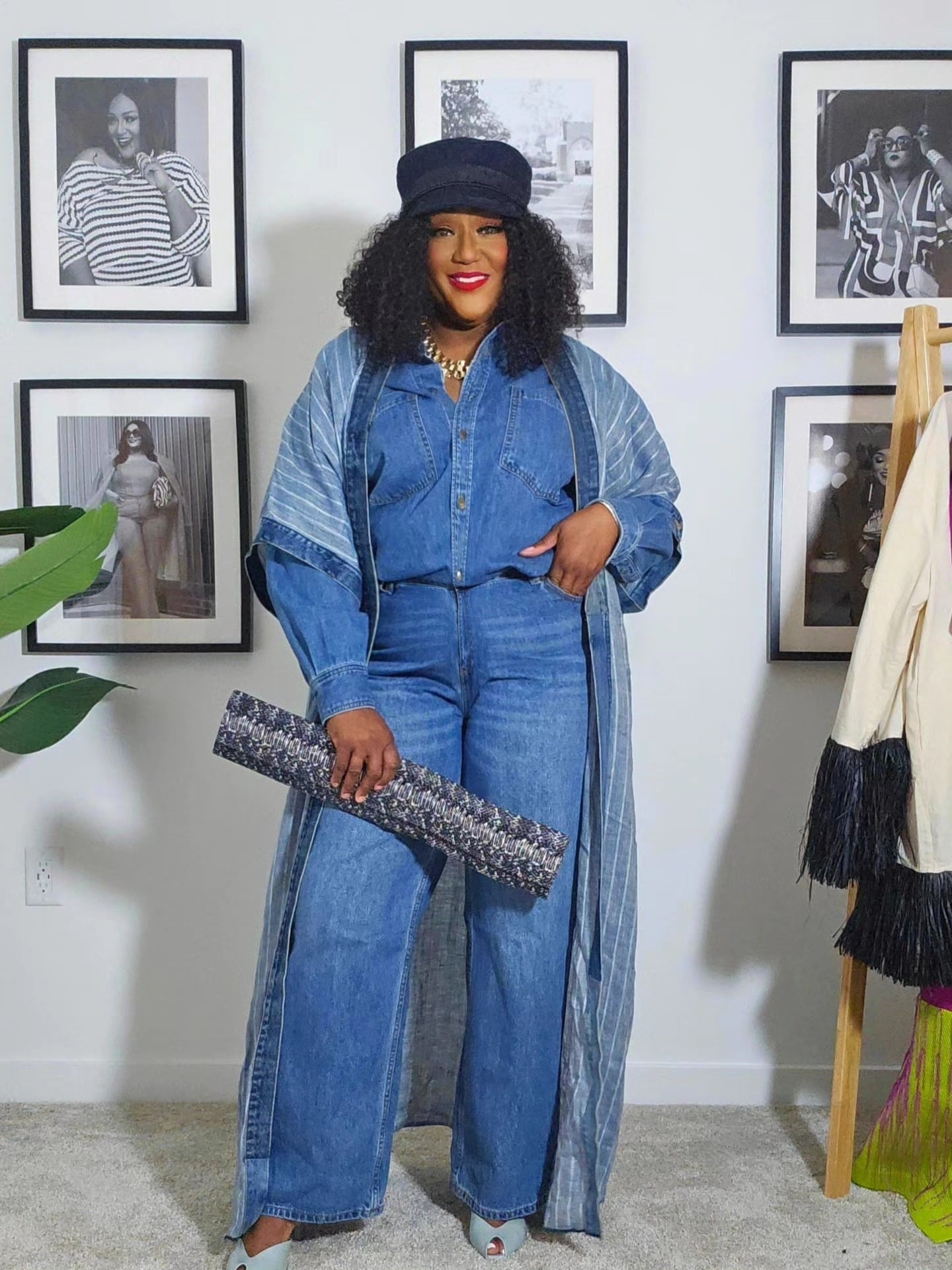 Plus size denim outfit idea for women over 50 with wide-leg jeans, a denim shirt, and a long open layer.