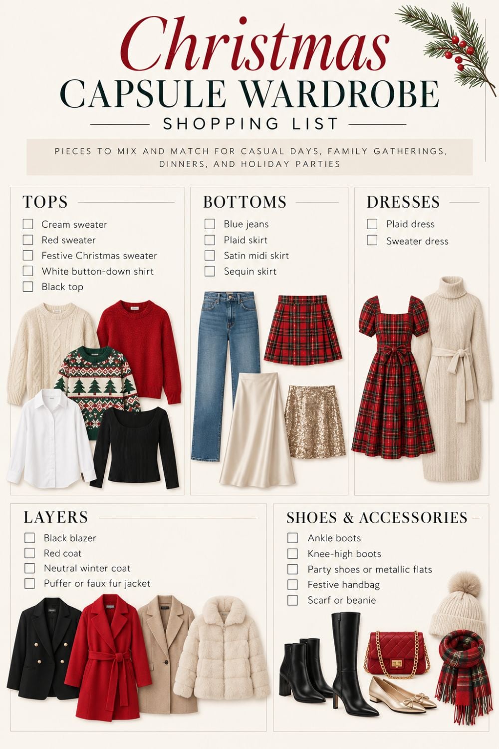 Christmas capsule wardrobe shopping list with sweaters, jeans, plaid and sequin skirts, dresses, winter coats, boots, and festive accessories for mix-and-match holiday outfits.