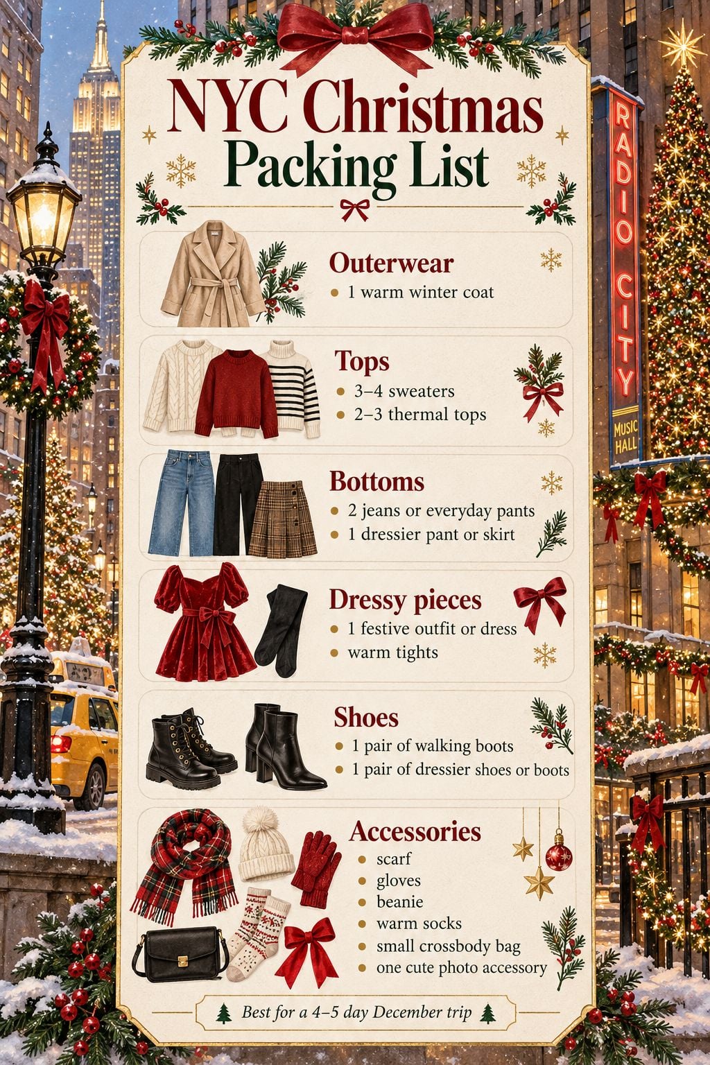 NYC Christmas packing list infographic for a 4–5 day December trip, featuring winter coats, sweaters, thermal layers, jeans, festive outfits, boots and accessories
Copy alt text